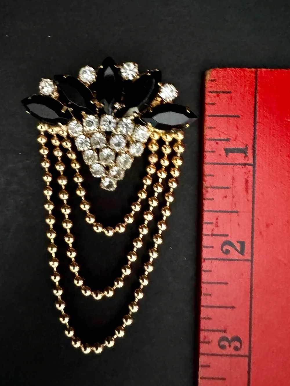 VTG Rhinestone Brooch Black Marquise Crystal Pave Tassel Dangle Pin Unsigned